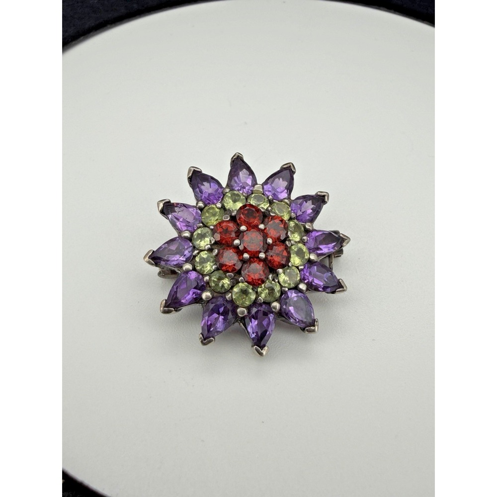 Vintage 925 Sterling Silver Designer JOIELLE Cluster Glass Flower Brooch